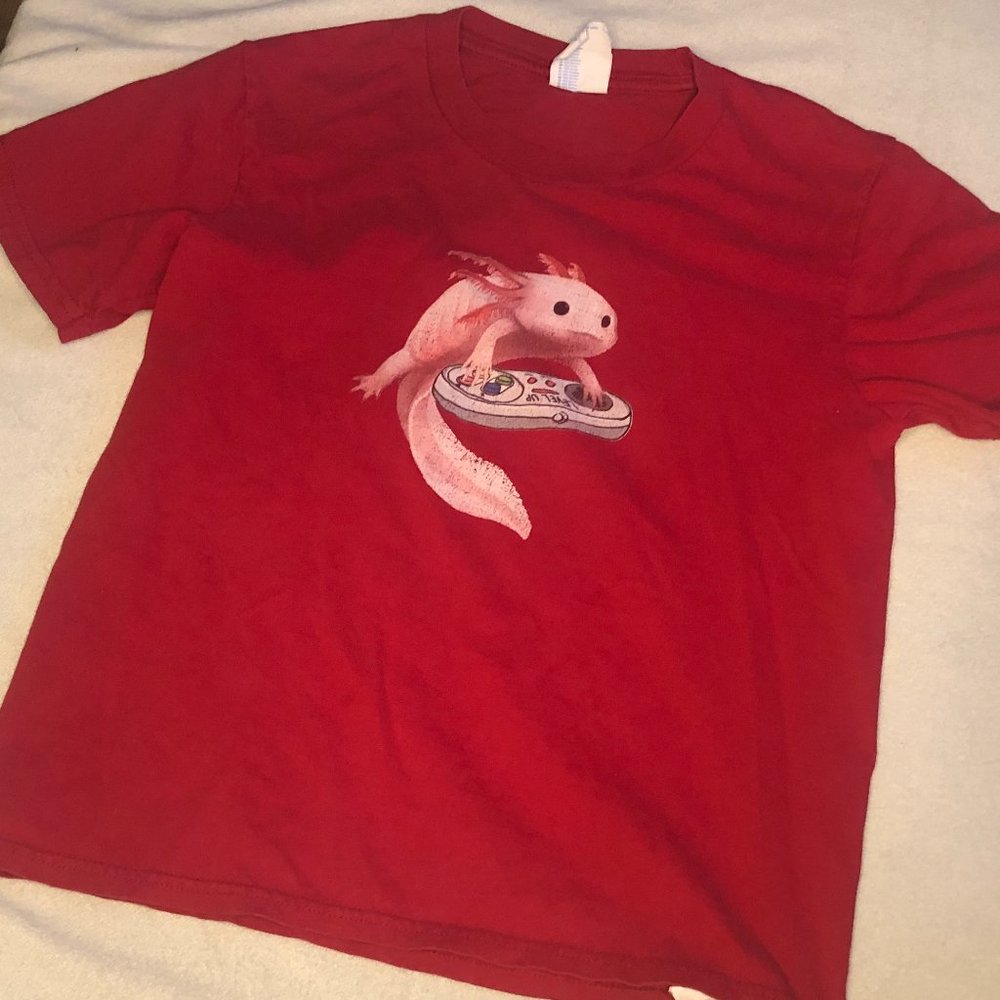 Red Axolotl Playing Video Games T-Shirt Boys Size Small
